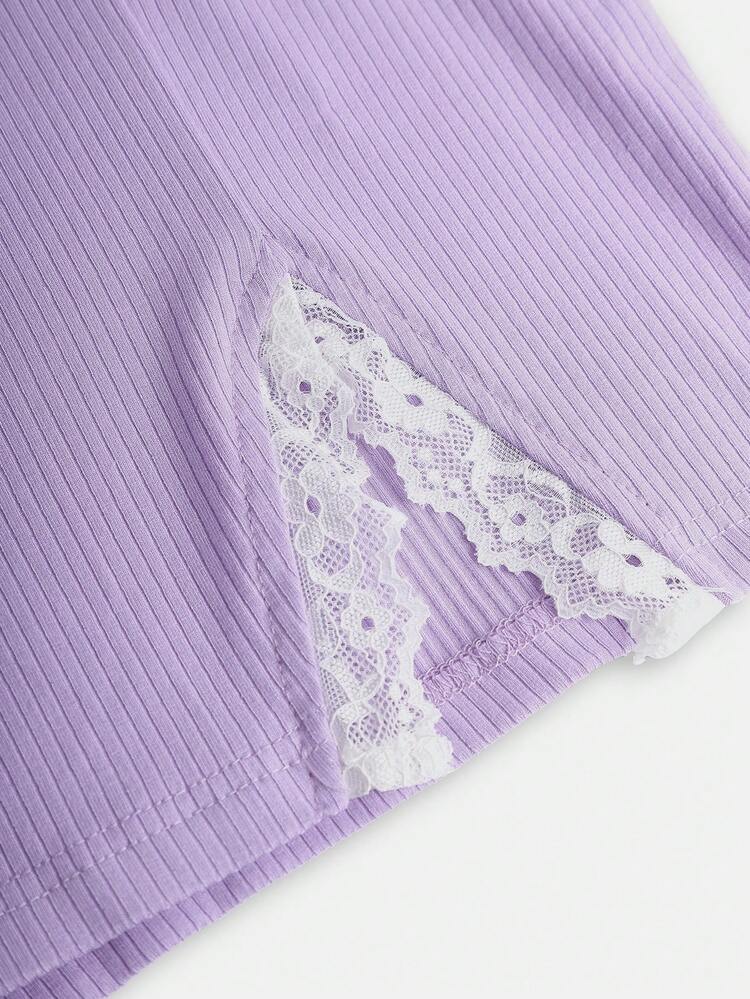 Teen Girl Knitted Patchwork Lace Square Neck Bubble Sleeve Top And Split Hem Skirt Set