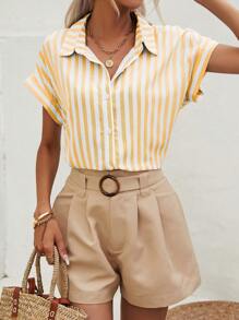 SHEIN Frenchy Áo Sơ Mi Tay Cánh Dơi Sọc Mùa Hè Cho Nữ - Màu vàng - Xem 2