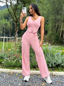SHEIN PETITE 女士夏季休闲单排扣背心和直筒裤两件套 - 粉色 - 查看 3