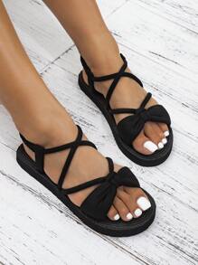 學生海灘平底女鞋，時尚草繩底拖鞋，適合假日 - 黑色 - 查看 6