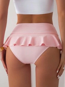 Swim Mod Women Summer Beach Fashionable High Waist Ruffle Trim Bikini Bottom - Pink - View 2