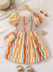 Young Girl Summer Bubble Sleeve Loose Dress - Multicolor - View 2