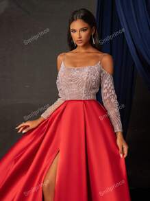 Women's Color Block Off Shoulder Long Sleeve Beaded Decor Long Elegant Evening Dress, Formal