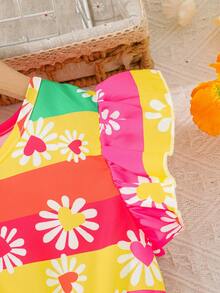 2入組年輕女孩時尚花紋和條紋設計，荷葉邊上飄逸短袖上衣短褲組合，適用於夏季假期派對 - 彩色 - 查看 7