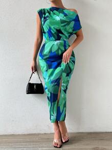 SHEIN Privé Đầm một mảnh mùa hè thanh lịch và sành điệu dành cho nữ có cổ xẻ và in hình cây bất đối xứng - Nhiều màu - Xem 3