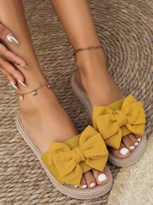夏季舒適的優雅：女性蝴蝶結平底滑沙灘拖鞋，紮帶平底鞋海灘拖鞋 - 黃色 - 查看 6