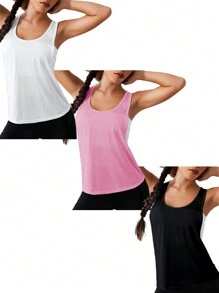 SHEIN Velisys Solid Color Racerback Sports Tank Top, Summer - White - View 2