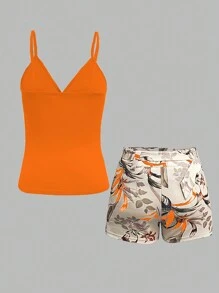 Breezaya Women Solid Color Simple And Versatile Spring/Summer Camisole And Shorts Set For Vacation - Orange - View 2