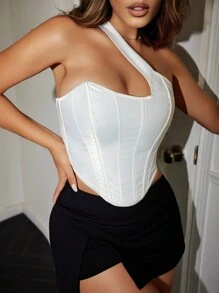 Yuwenier Satin One Shoulder Lace Up Back Backless Asymmetrical Hem Boned Overbust Shapewear Corset Crop Tube Top