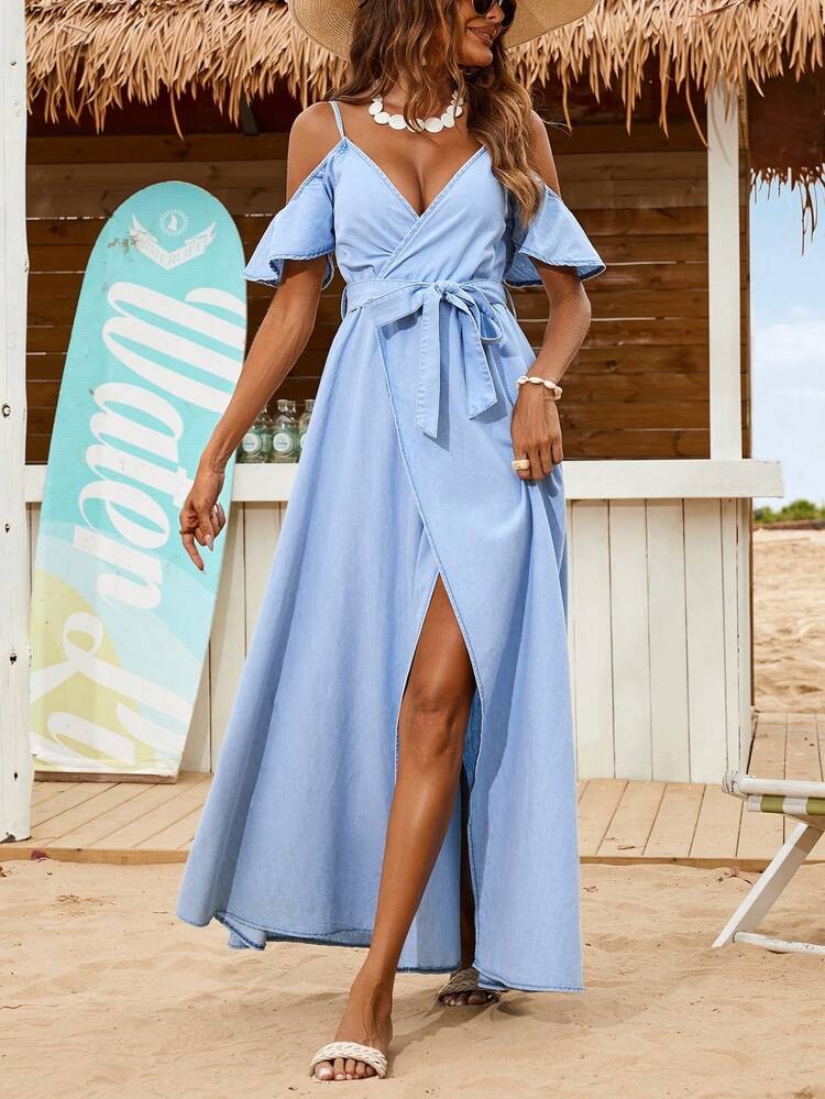 Women Denim Dress For Beach Vacation Casual And Sexy Suspender Blue With A Waist Belt