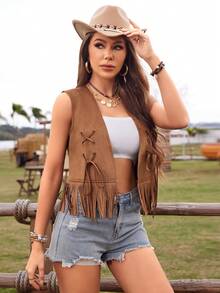 RELISH NOLESS Woman Spring Summer Outfits Country Concert Casual Vacation Western Wear Boho Suede Fringe Tops - Camel - View 3