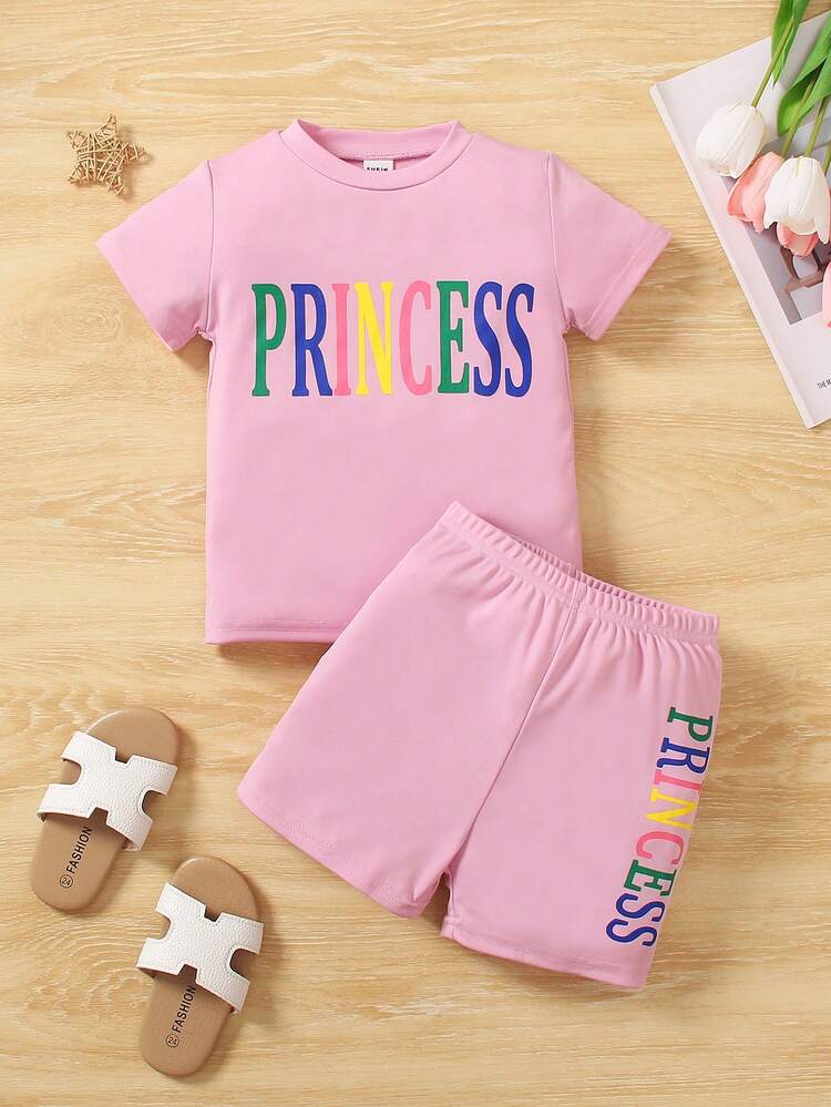 Set de 2 piezas para bebé niña con camiseta de manga corta con cuello redondo con palabra inglesa de princesa + shorts deportivos estampados, atuendos elegantes de verano en la calle - Morado - Ver 1