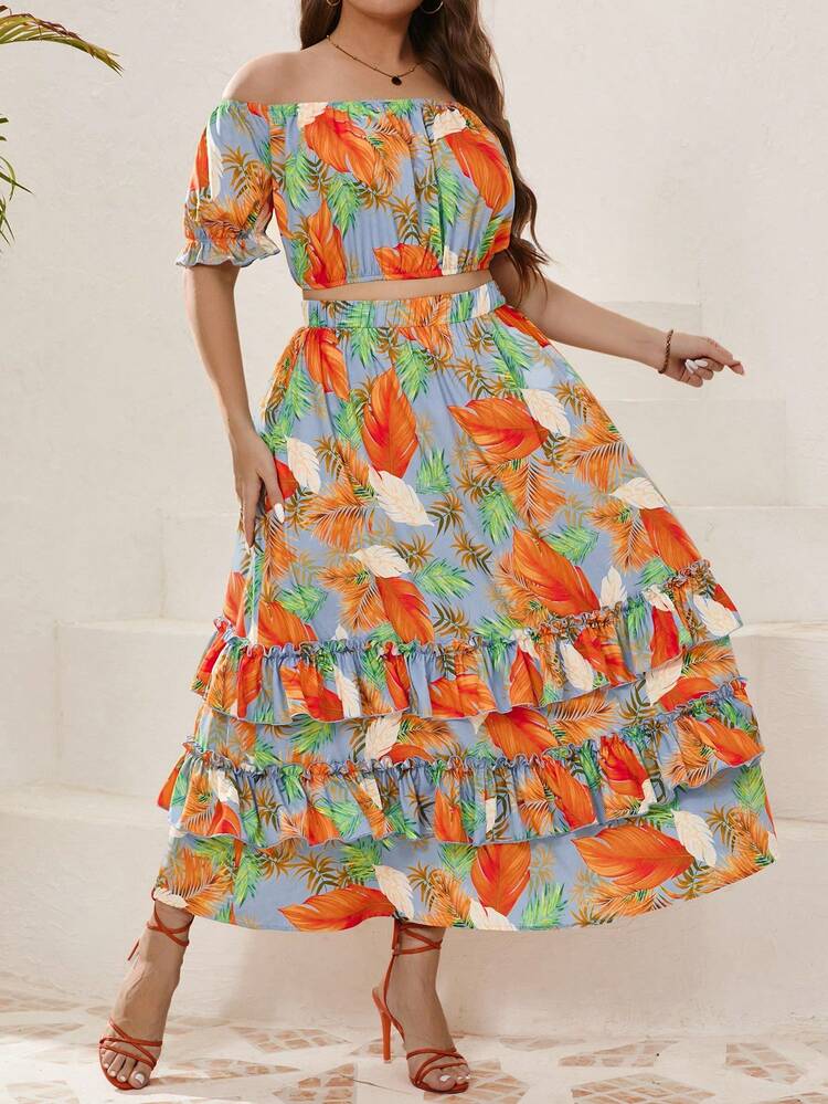 SHEIN Essnce Plus Size New Women Summer Clothing Set, Holiday/Commute/Casual Hawaiian Style, Off-Shoulder Ruffled Top And Asymmetric Hem Maxi Skirt Floral Two Pieces Outfits - Multicolor - View 3