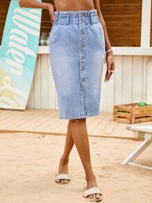 Breezaya 度假休閒前鈕分擺牛仔裙 - 淺色水洗藍 - 查看 5