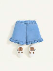 Cozy Pixies Baby Girl Spring & Summer Boho Casual Cute Ruffle Trim Elastic Waist Soft Denim-Effect Shorts,Baby Summer Clothes Shorts Outfits - Light Wash - View 2
