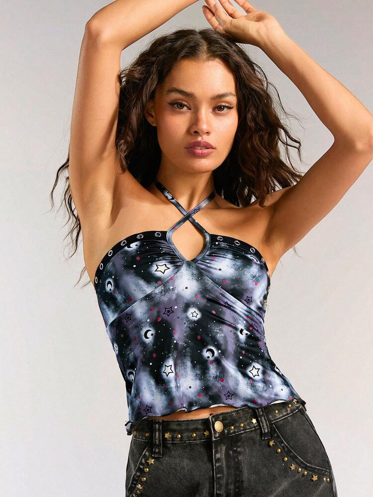 Women Black Knit Top With Strawberry Print, Halter Neck, Wave Edge And Elastic Fabric