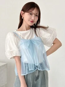 FRIFUL 女士夏季純色蝴蝶結裝飾網眼背心上衣 - 淺藍色 - 查看 4