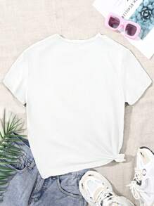 適合少女的簡約貓印花和字母圖形圓領短袖T恤 - 白色 - 查看 2