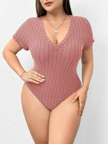 SHEIN Essnce 大碼女性新款夏季時尚休閒純色坑織布料V領短袖3入連身衣 - 粉色 - 查看 7