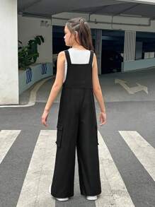 青少年女孩街頭風針織無袖背心連背帶褲 - 黑與白 - 查看 2