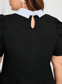 SHEIN Privé Plus Size Black & White Patchwork Elegant Pearls Decorated Collared Short Straight Dress, Suitable For Dates, Commuting, Shopping In Summer - Black - View 7