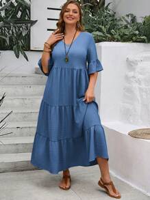 EMERY ROSE Plus Size Women's Deep V-Neck Ruffle Sleeve Multi-Tiered Hem Long Yellow Dress For Summer