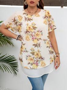 SHEIN LUNE Camisa de talla grande de verano, holgada y casual, con mangas cortas, parches con estampado floral y escote redondo