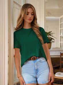 SHEIN Frenchy تي شيرت نسائي صيفي بياقة دائرية وأكمام قصيرة ولون سادة - أخضر داكن - مشاهدة 5