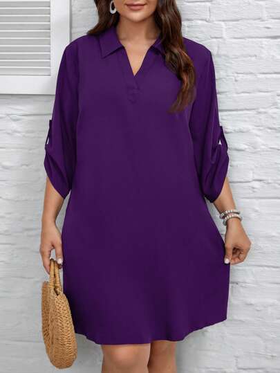 SHEIN LUNE Vestido casual recto de talla grande para mujer con manga enrollada y cuello de solapa para primavera/verano de unicolor