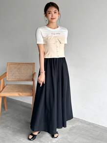 FRIFUL Women Summer Casual Round Neck Short Sleeve T-Shirt With Color Block And Letter Print,Graphic Tees - White - View 2