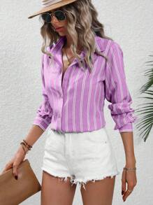 SHEIN LUNE Spring Casual Color Block Striped Turn-Down Collar Long Sleeve Shirt - Purple - View 5
