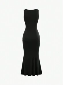 Sweetra Summer Elegant Solid Color Square Neckline Pleated Waist & Tiered Hem Sleeveless Dress Maxi Women Outfit - Black - View 2