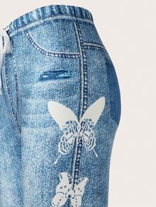 SHEIN LUNE Women Fashionable And Versatile Skinny Jeans With Elastic Waistband And Denim Effect Print Fall Cloth For Women - Blue - View 3