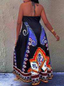 Breezaya Plus Size Women Boho National Style Floral Printed Sleeveless Halterneck Dress, For Summer