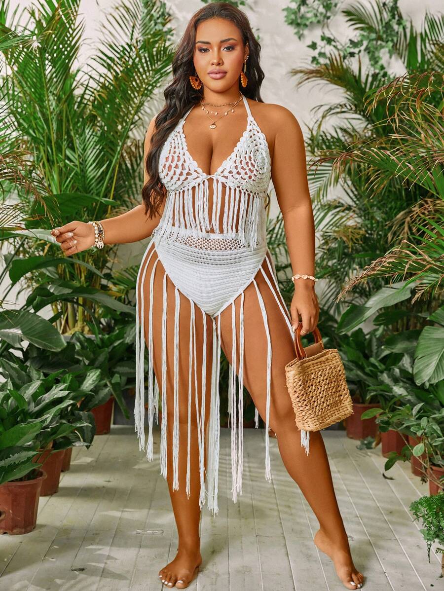 Slaydiva Summer Beach Plus Size Crochet Back Knot Halter Neck Top & Shorts Matching Two Pieces Set - White - View 1
