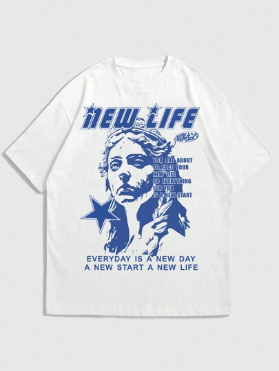 Street Life Men's Casual Round Neck Drop Shoulder T-Shirt With Portrait Print, School