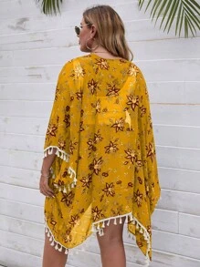 Swim Lushoire 大码度假花卉印花流苏装饰和服罩衫带蝙蝠袖夏季 - 黃色 - 查看 2