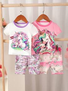 Baby Girl Leisure Linda Ubicación Digital Con Láser Camiseta De Manga Corta Y Pantalones Cortos Con Estampado De Unicornio Y Estampado De Nubes, Conjunto De Ropa Para El Hogar Multicolor De Cuatro Piezas, Ajuste Ceñido