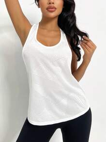 SHEIN Velisys Solid Color Racerback Sports Tank Top, Summer - White - View 3