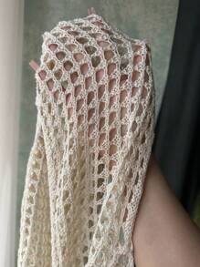 SHEIN Unity Women Solid Hollow Out Beach Style Open-Front Crop Cardigan Fall Cloth For Women - Apricot - View 7