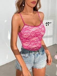SHEIN Privé Elegant Lace Slip Bodysuit For Women In Summer - Hot Pink - View 6