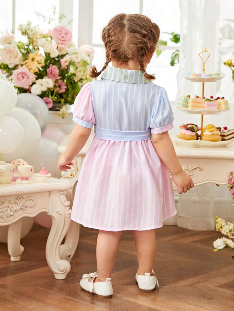 Baby Girl Spring/Summer Colorful Sweetheart Collar Patchwork Dress, Suitable For Outdoor Activities