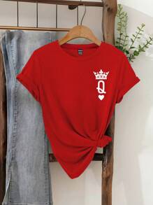 SHEIN Essnce Maglietta estiva da donna con collo rotondo, maniche corte aderente, con motivo corona, casual - Rosso - Visualizzare 4