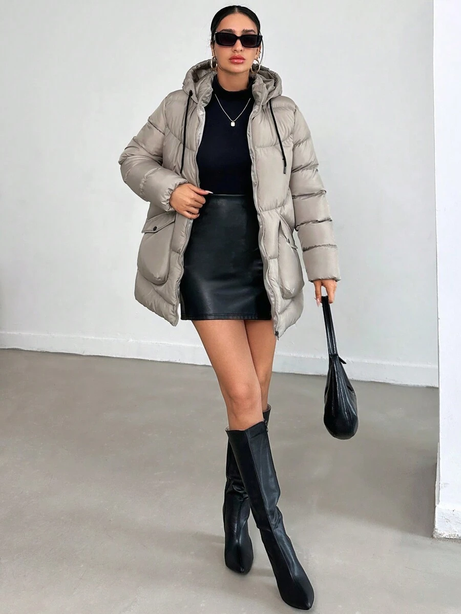 SHEIN Cottnline Hooded Double Flap Pocket Puffer Down Jacket - Light Grey - View 1