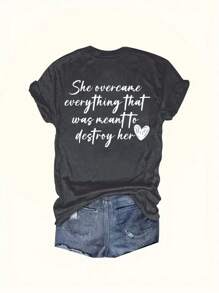 INAWLY Women Summer Casual Love Slogan Print Short Sleeve T-Shirt She Overcame Everything That Was Meant To Destroy Her Graphic Tees Women Tops