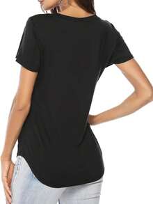 Trioutop Women's Solid Color Top, V-Neck Short Sleeve T-Shirts - Black - View 3