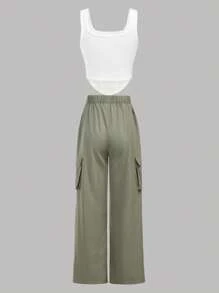 SHEIN Girlism 两件套少女街头风针织方领上衣和背带裤套装 - 彩色 - 查看 2