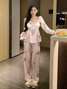 DAZY Ladies" Stylish French Print Satin Pajama Set - Pink - View 3