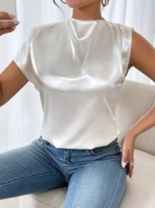 SHEIN Privé Women Fashion Solid Color Short-Sleeved Glossy Shirt - Beige - View 2