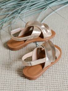 夏季女童戶外白色透氣涼鞋，柔軟舒適鞋底，時尚平底鞋 - 金色 - 查看 4